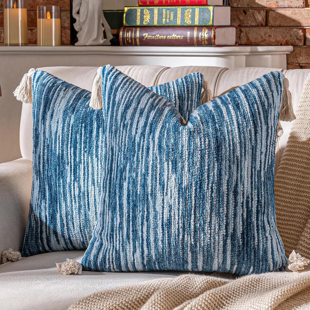 AmHoo Boho Throw Pillow Covers Set of 2 Decorative Bohemian Woven Tufted Striped Farmhouse with Tassels Textured Cushion Case Pillowcase Neutral for Sofa Couch Bed 18 x 18-Inch Sky Blue