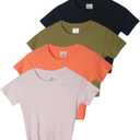 Real Essentials 4-Pack: Women's Short Sleeve Ribbed Knit Cotton Crew Neck Crop Top T-Shirt, (Medium)