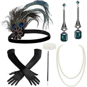 BABEYOND 1920s Flapper Accessories Gatsby Costume Accessories Set 20s Flapper Headband Pearl Necklace Gloves Plastic Holder