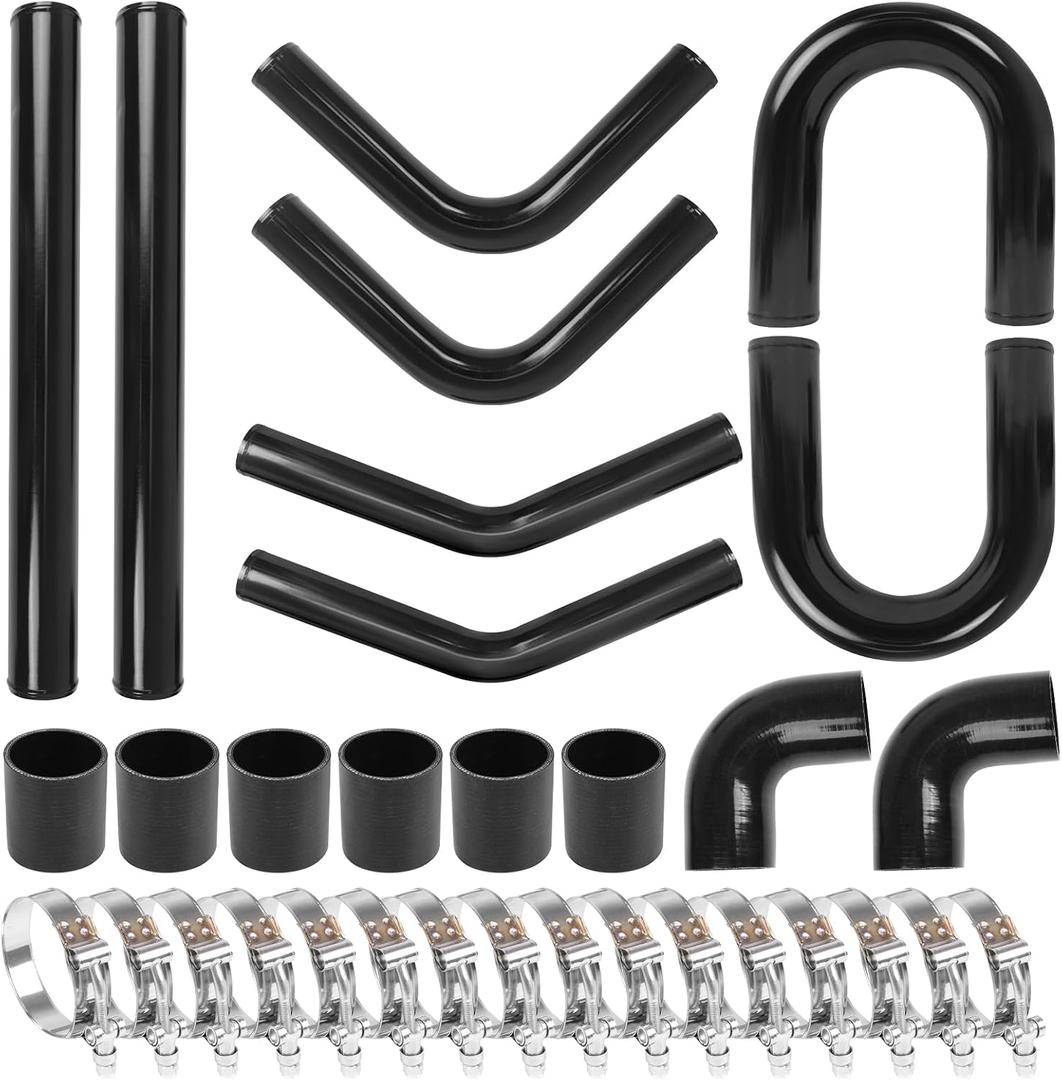 2.5" Universal Aluminum Turbo Intercooler Piping U-Pipe Kit 600mm Aluminum Pipe + 8 Elbow Hose+ 16 Clamps Kit 8PCS - Black