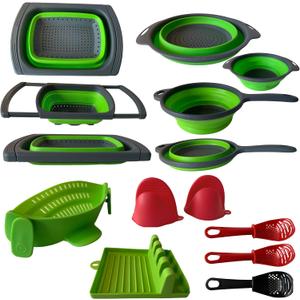 BaraBara 10 pcs Silicone Telescopic Collapsible Strainers with Handles, Foldable Bowl, Clip on Drainer. Green Spoon Rest, 3 ladle Masher Spoons. Silicone Gloves Heat Resistant Bundle Cooking Set.