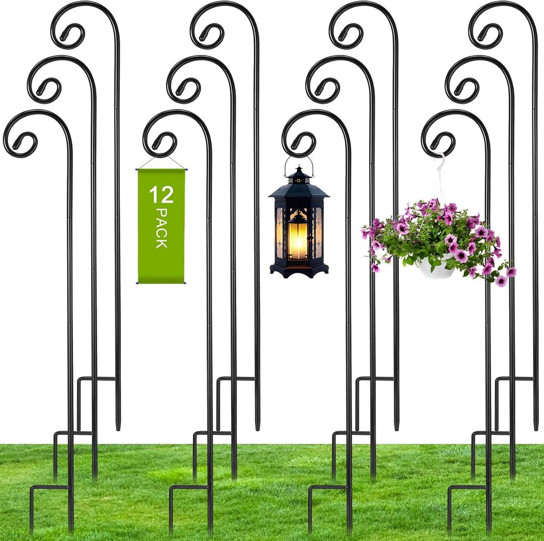 Hicarer 12 Pcs 48 Inch Shepherds Hooks for Outdoor 1/3 Inch Thick Metal Curled Garden Hooks Adjustable Bird Feeder Pole for Hanging Lanterns Plant Baskets Mason Jars Solar Lights Wedding Decor