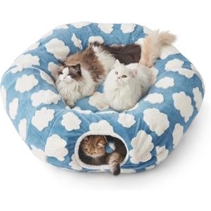 Lesure Large Cat Tunnel Bed - Cute Donut Bed for Indoor Cats with Washable Circle Cushion, Round Pet Peekaboo Cave Toy for Multi Kitten/Puppy/Rabbit, Large Cozy Clouds Blue