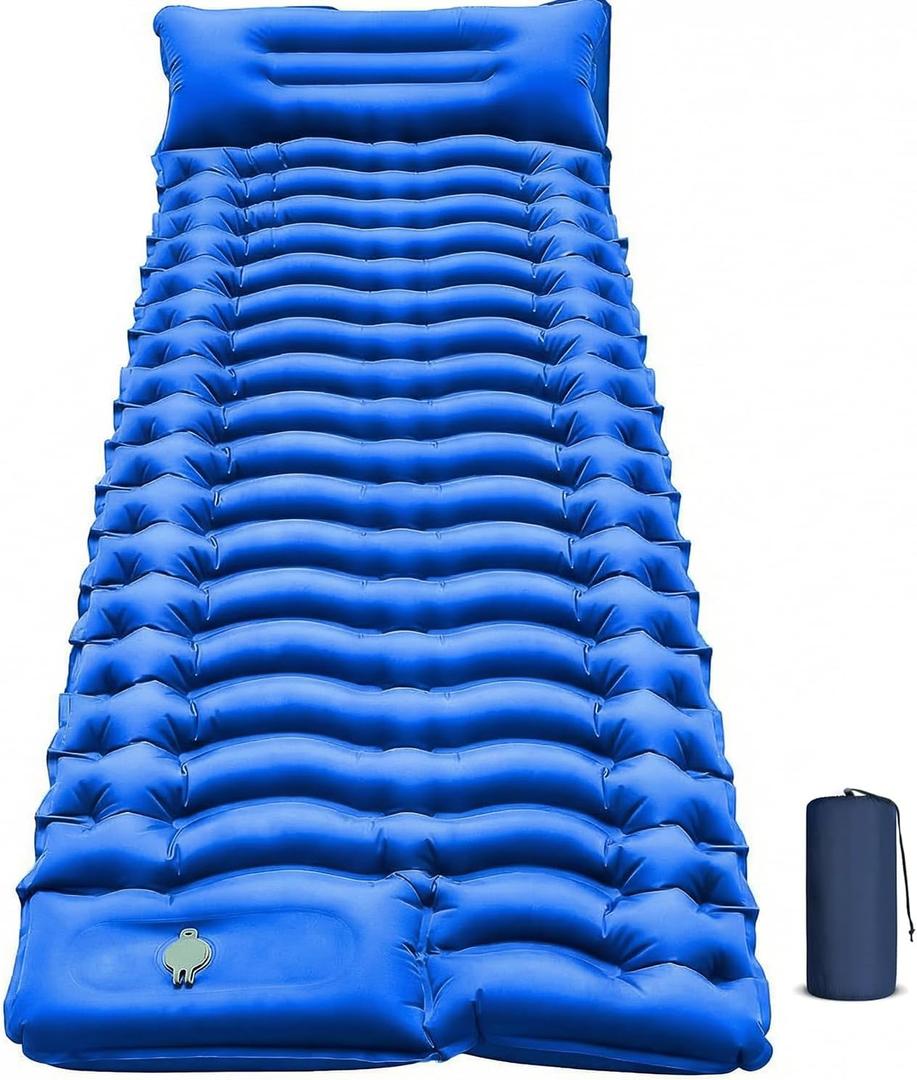 Camping Sleeping Pad, Ultralight Camping Pad with Pillow Built-in Foot Pump Inflatable Sleeping Mat Compact for Camping Backpacking Hiking Traveling - Blue