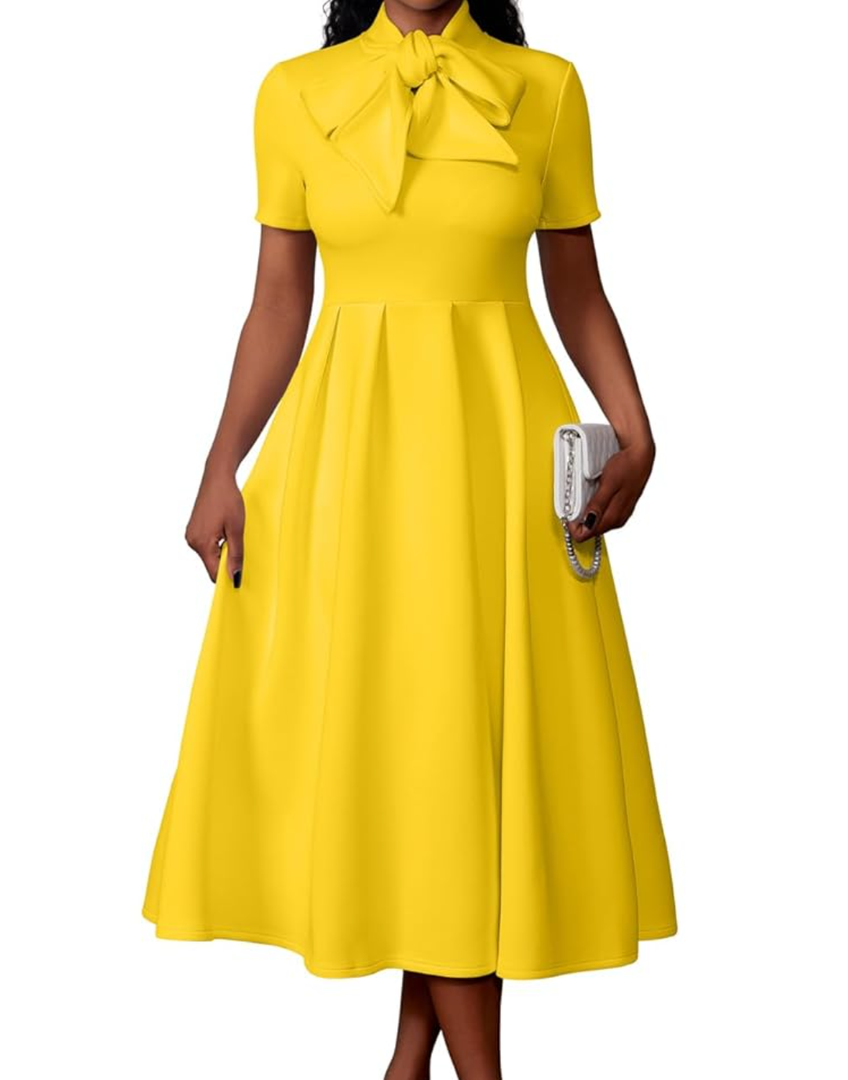 Memoriesea Women's Elegant Casual Short Sleeve Work Party A-Line Dress with Pockets
M
