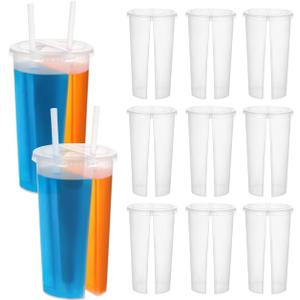 VICASKY 2-in-1 Split Cup for Drinks - 20 Pcs Thickened Disposable Double Cup with Lids Couple SharingChamber Leak-Proof BPA-Free Clear Valentines Day Wedding Party Coffee Smoothie