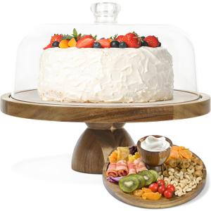 Acacia Wood Cake Stand with Lid, 2-In-1 Cake Plate with Acrylic Lid, 12in Round Dessert Table Display Set, Raise Dome for Charcuterie Board, Cheese, Chips & Dips, Nachos, Fruit Platter (12in)
