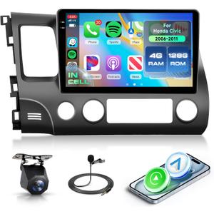 4+128G Android 15 Car Stereo for Honda Civic 2006-2011 with Wireless Carplay Android Auto, 10.1'' in-Cell Screen Car Radio with GPS/Bluetooth 5.0/FM RDS/EQ/Wi-Fi Mirror Link Backup Camera SWC