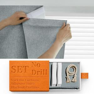 100% Blackout Magic Tape Stick On Curtains Window Shades Pull Down Blackout Window Cover No Drillng Self Adhesive Curtains No Rod Small Windows, W35 x L60 inch, 1 Panel, Light Grey