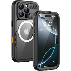 Lanhiem Magnetic for iPhone 16 Pro Max Case, IP68 Waterproof Dustproof Case, [Compatible with Magsafe] [Built-in Screen Protector] Full Body Heavy Duty Rugged Phone Cover 6.9 inch, Black/Clear