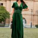 Simplee Women's Short Sleeve Velvet Maxi Dress V Neck Empire Waist Long Formal Wedding Guest Dresses (Green, S)