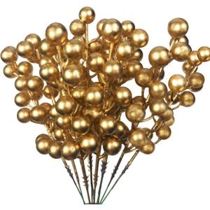 24 pcs Christmas Berries Stems Artificial Berry Stems for Christmas Tree Ornaments Crafts Holiday and Home Decor (Gold)