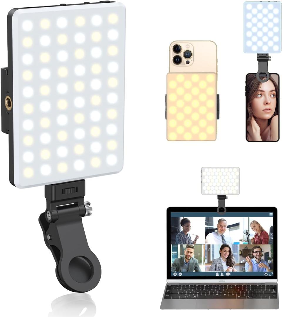 Selfie Light, Phone Light with Front & Back Clip, 60 LED Portable Light with 3 Modes, 5000mAh Rechargeable Video Light for Phone, iPhone, IPad, Laptop, TikTok, Makeup, Live Stream, Vlog (Black)