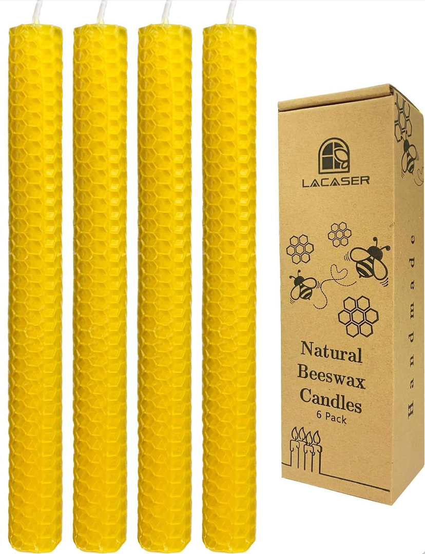 Lacaser Beeswax Taper Candles Set of 4 Pcs, 9" Long Candles for Candlesticks in Yellow, Dripless & Smokeless, Burning Time 4 Hours