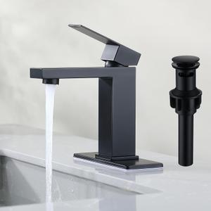 Black Bathroom Faucet Bathroom Sink Faucet SUS304 Stainless Steel for 1 Hole or 3 Holes Sink Single Handle Faucet One Hole with Pop Up Drain with Overflow Modern Vanity Faucets, SF3P-BK