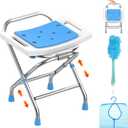 Height Adjustable Folding Shower Chair Seat, Stainless Steel Shower Chair for Inside Shower w/Crossbar, 420LB Portable Travel Shower Stool, Safety Anti-Slip Bath Chair for Seniors, White