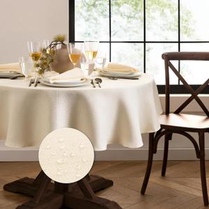 Elrene Home Fashions Laurel Solid Texture Water and Stain Resistant Tablecloth, 90" Round, Ivory