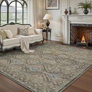 RESARE-Area Rug 6X9 Rug for Living Room-Machine Washable Rugs for Bedroom-Soft Vintage Multi Green Tan Non Slip Carpet- Rug for Dining Room Office Under Bed or Table