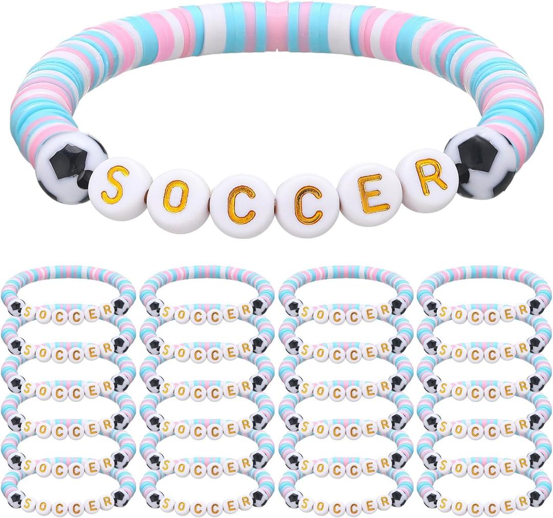 24 Pcs Soccer Bracelets Stackable Clay Beaded Bracelets Soccer Party Favors Beaded Ball Adjustable Clay Bracelet Jewelry Sports Gifts Supplies for Teen Adults (Gradient Pink)