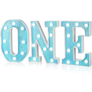 3 Pieces LED Light up Letter ONE Plastic Marquee Number Lights First Birthday Sign 1st Birthday Decorations Light up Letters for Boys Girls Baby 1 Year Old Birthday Party Supplies(Blue)