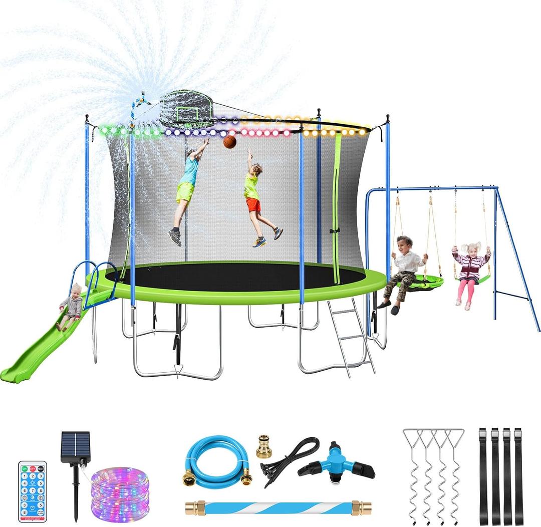 Lyromix 12-14FT Trampoline With Slide, Swings, Basketball Hoop and Ladder - ASTM Approved Outdoor Backyard Recreational Equipment With Net, Capacity for 5-7 Kids and Adults