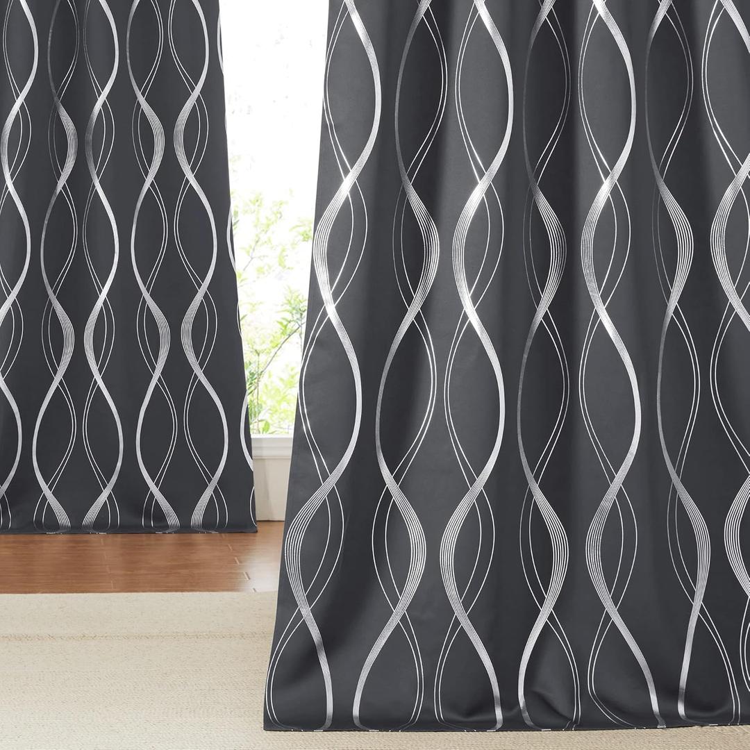 NICETOWN Extra Long Blackout Curtains for Large Window, Grey, 52" x 102", 2 Panels, Foil Printed Wave Lines Energy Saving Thermal Insulated Blackout Draperies for Kids Nursery Boys Bedroom