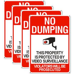 No Dumping Signs, 14x10 Inch Property Protected by Video Surveillance Sign, Reflective Aluminum, Fade-Resistant/Waterproof, Suitable for Indoor or Outdoor Use (4)