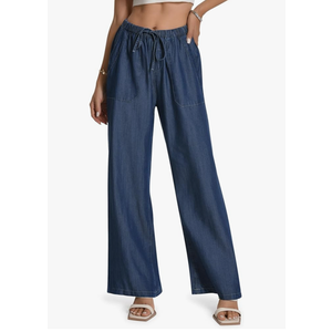 Skirt BL Women's Drawstring Elastic Waist Jeans Pull on Wide Leg Flowy Jeans for Trendy Soft Lightweight Denim Pants L