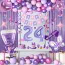 24th Purple Birthday Decorations, Pink Purple 24th Birthday Decorations for Women Girls Lavender Party Decor Set with Number Balloons, Foil Balloons, Sash and Cake Topper
