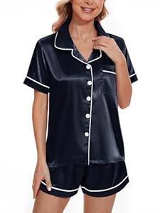 YIJIU Womens Satin Silk Pajamas Set Short Sleeve Button Down Top and Shorts Sleepwear Comfy 2 Piece Pjs Set Loungewear, Navy Blue, XXL