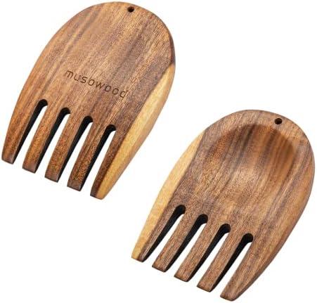 Muso Wood Acacia Salad Hands, Wooden Salad Tongs for Serving Salad Mixes, Set for Serving Salad Fruit on Your Kitchen Counter, 5.12" x 3.62" x 0.39", One Pair