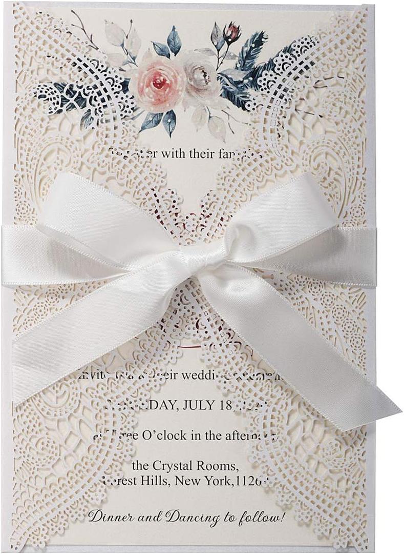 5.12x7.28 Inch 50PCS Blank White Wedding Invitations Kit Laser Cut Hollow Lace Pocket and Bowknot Quinceanera Invitation Cards with Envelopes for Wedding Birthday Invite