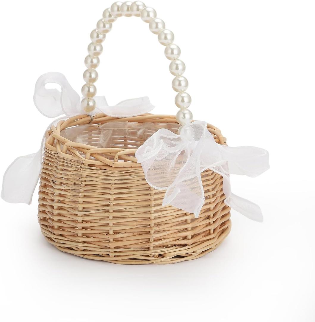 Elegant Wedding Flower Girl Basket with Pearl Handle and Ribbon Bow, Bowknot Satin Flower Basket for wedding, Rustic Handwoven Wicker Flower Basket, Versatile Picnic Basket for Outdoor (1PC)