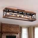 6-Light Large Rustic Farmhouse Wood Flush Mount Ceiling Light Fixture 39.4 inch Oak Wood and Metal Rectangular Track Semi Flush Mount Ceiling Light for Kitchen Living Room Bedroom Indoor, Black