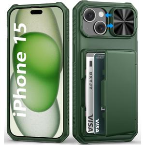 for iPhone 15, iPhone 14, iPhone 13 Wallet Case with Card Holder(4-5 Cards), Slide Camera Cover, Military & RFID Protection, Heavy Duty Women Men Protective Phone Case for iPhone15/14/13, Green