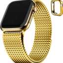 Fullmosa Compatible Apple Watch Bands 45mm 44mm 42mm for Men Women, Stainless Steel Mesh Loop Magnetic Clasp iWatch Band with TPU Case for Apple Watch Series 9 8 7 6 5 4 3 2 1 SE SE2, Golden