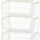 PUSDON Stackable Metal Storage Carts, Dual Use Shelf for Kitchen Fruit Vegetable Baskets with Wheels, Storage Rack for Living Room, Home & Office, Plus White 4 Tiers