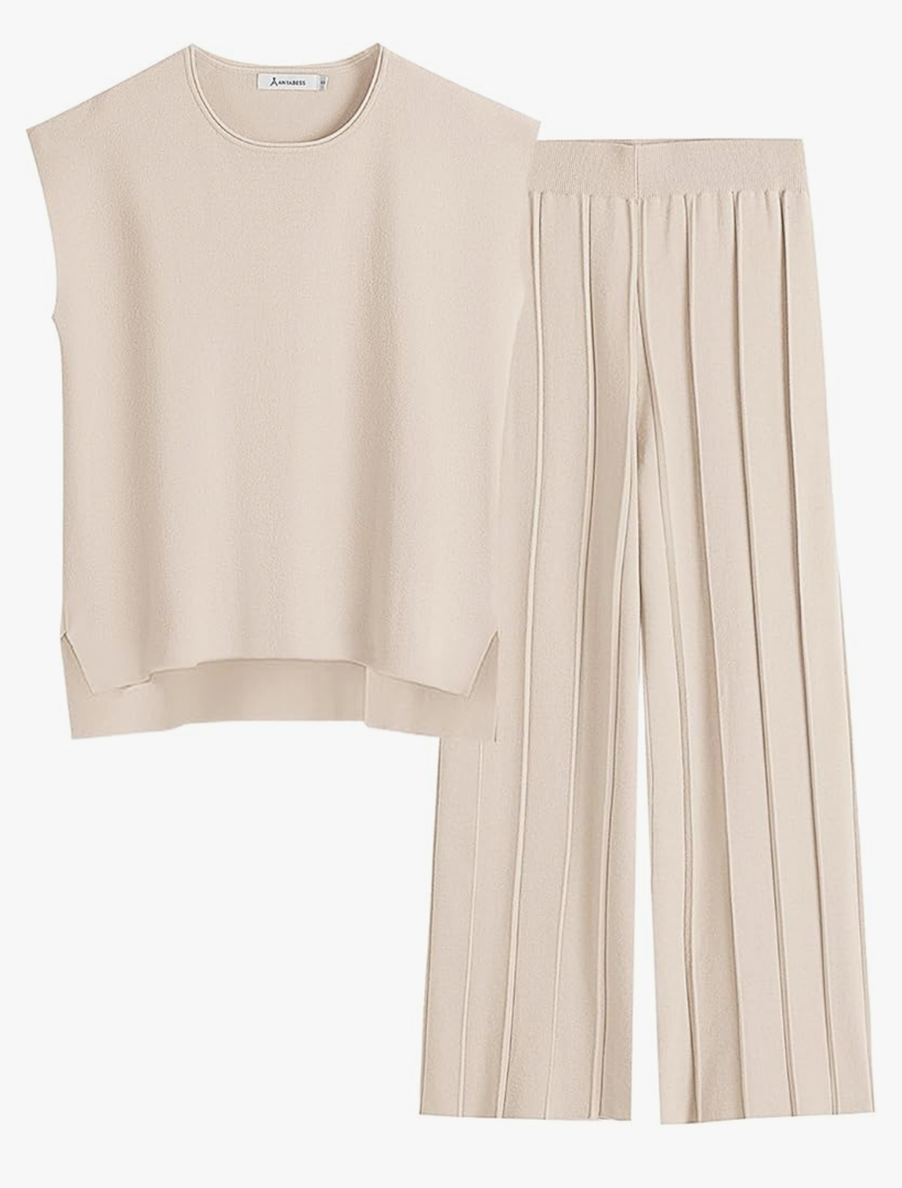 ANRABESS Women Summer 2 Piece Outfits Knit Short Sets Casual Sweater Top & Shorts Matching Lounge Set 2025 Beach Clothes Apricot Medium