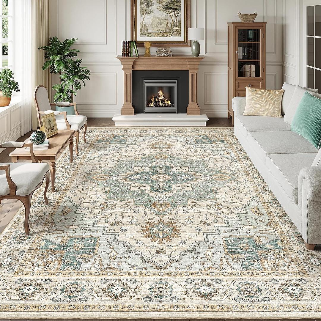 Washable Area Rug 8x10 - Soft Large Non Slip Rugs for Living Room Stain Resistant Vintage Carpet 8x10 Area Rugs for Bedroom Dining Room Decor (Green/Beige 8'x10')