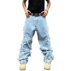 DFGIGT Mens Baggy Jeans Street Rock Style Fringe Frayed Edges Jeans Patchwork Wide Leg Skater Denim Pant Size M