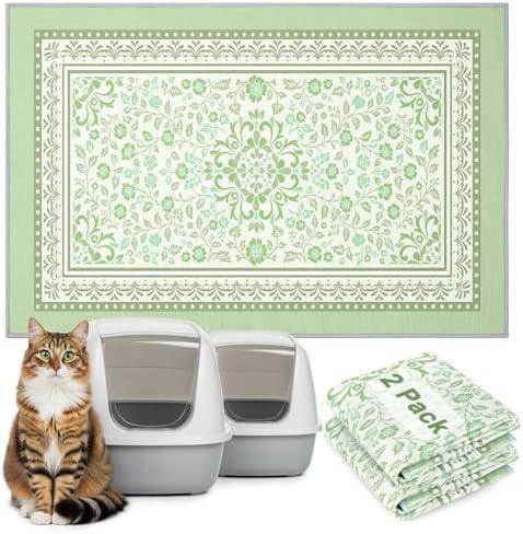 Bienbee Cat Litter Mat, 2PCS 33"x22" Washable Litters Box Mats Non-Slip &Waterproof Cat Litters Trapping Mats Easy to Clean Mat for Litter Box Less Waste Protects Floors Bean Green Flowers L