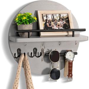 Key Holder for Wall Decorative with Shelf and Hooks, Unique Mail Organizer Wall Mount with Sunglasses Holder, Cute Circular Design Entryway Key Rack Hanger, Rustic Home Decor Boho Wall Decor (grey) (Gray)