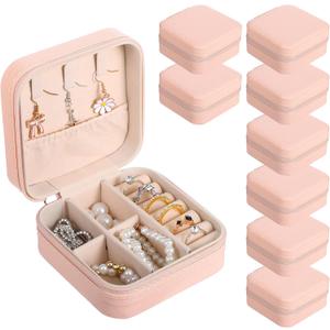 8 Pack Travel Jewelry Case Small Travel Jewelry Box Bridesmaid Gifts Jewelrys Box, PU Leather Small Jewelrys Case Organizer Storage for Rings Earrings Necklaces, Beauty Gifts for Women Girls (Pink)