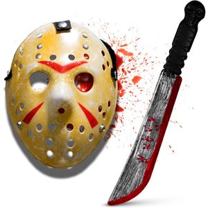 Yellow Horror Masquerade Party Hockey Mask & Slasher Machete Set for Halloween Cosplay Mask & Machete Prop Halloween Horror Adult Costume Parties