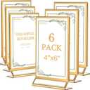 Petallush 6PCS Gold Acrylic Picture Frame Stands Holders for Tables Display 4x6, Double Sided Acrylic Wedding Table Number Sign Holder, Clear Menu Flyer Paper Holder for Wedding Party Decor