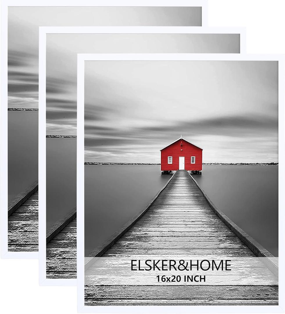 ELSKER&HOME 16x20 Picture Frames 3 Pack for Wall, Picture Poster Frame White for Horizontal or Vertical Wall Mounting, Sturdy and Scratch-proof