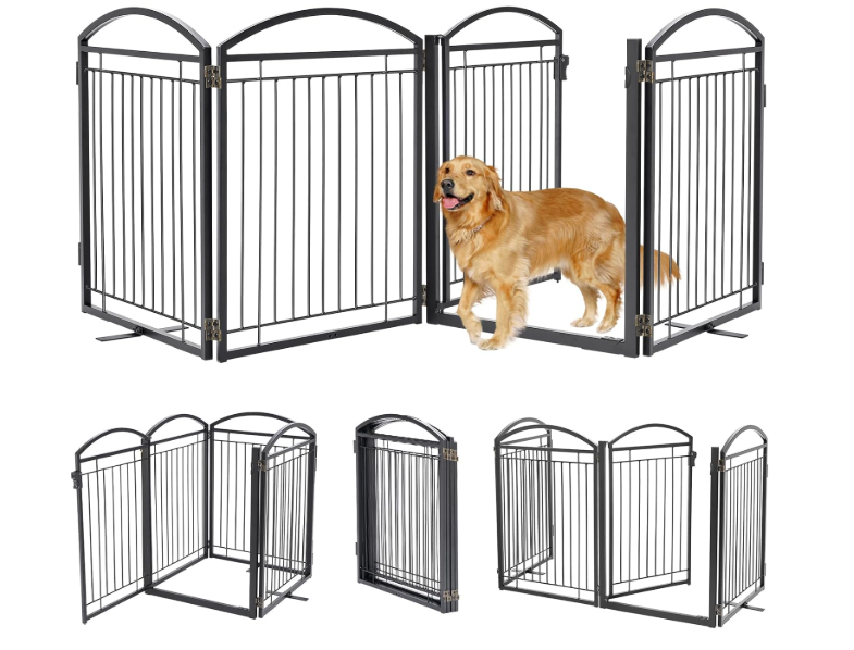 Full Metal Free Standing Dog Gate with Door for Indoor & Outdoor,96'' Extra Wide 32'' Tall Dog Gate for The Doorways,Large Openings,Decks,Porch,Pet Freestanding Safety Fence(4 Panels,Black)