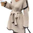 Womens Color Block Sweater Dress with Belt, Rolled Hem, Long Sleeve, V Neck, Knee Length, A Line, Oversized Knit Dress Fall (Beige) M