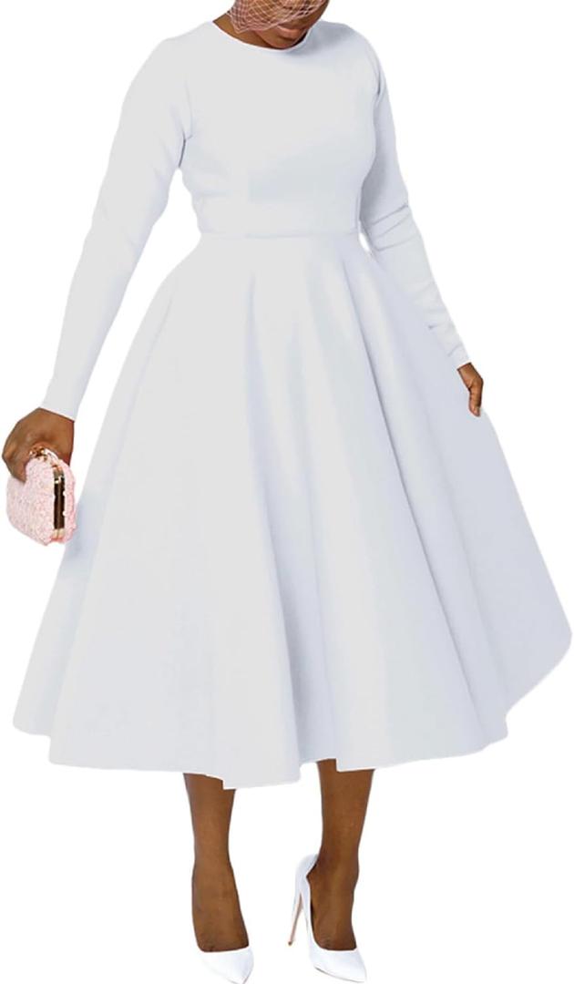 Women's Vintage Swing Dresses Long Sleeve A Line Casual Party Cocktail Church Formal Maxi Dress with Pockets (White, XL)