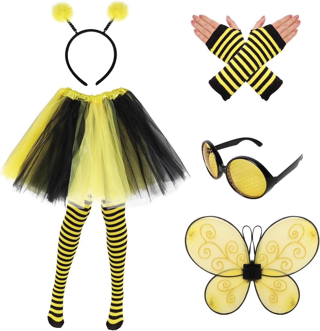 6Pcs Bee Costume Accessories Set Bee Costume Set Tutus Skirt Bee Wings Headband Glasses Striped Long Socks for Women Cosplay Party (Yellow)